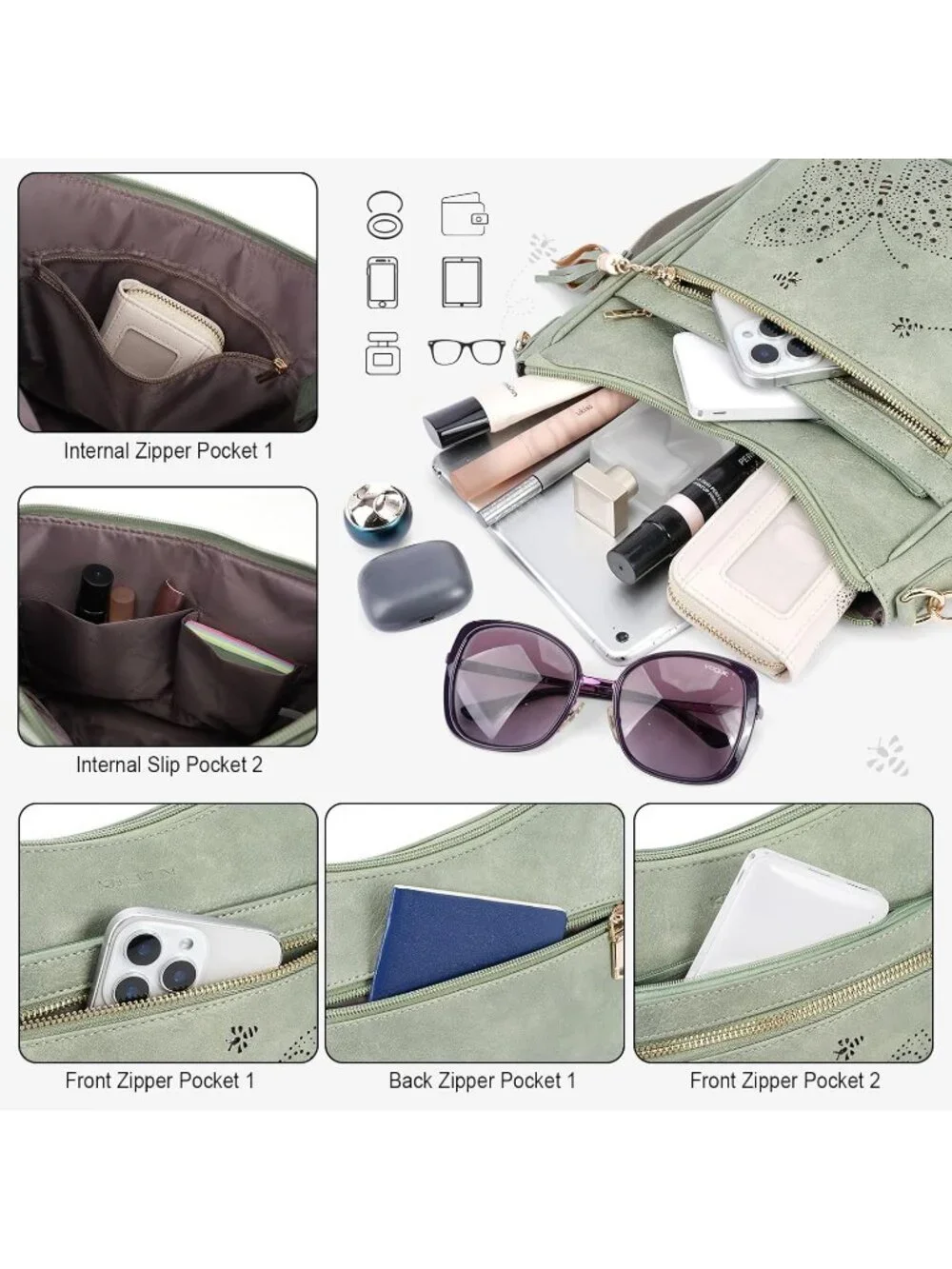 Women's Green Leather Stylish Butterfly Shoulder Crossbody Handbags with Tassel